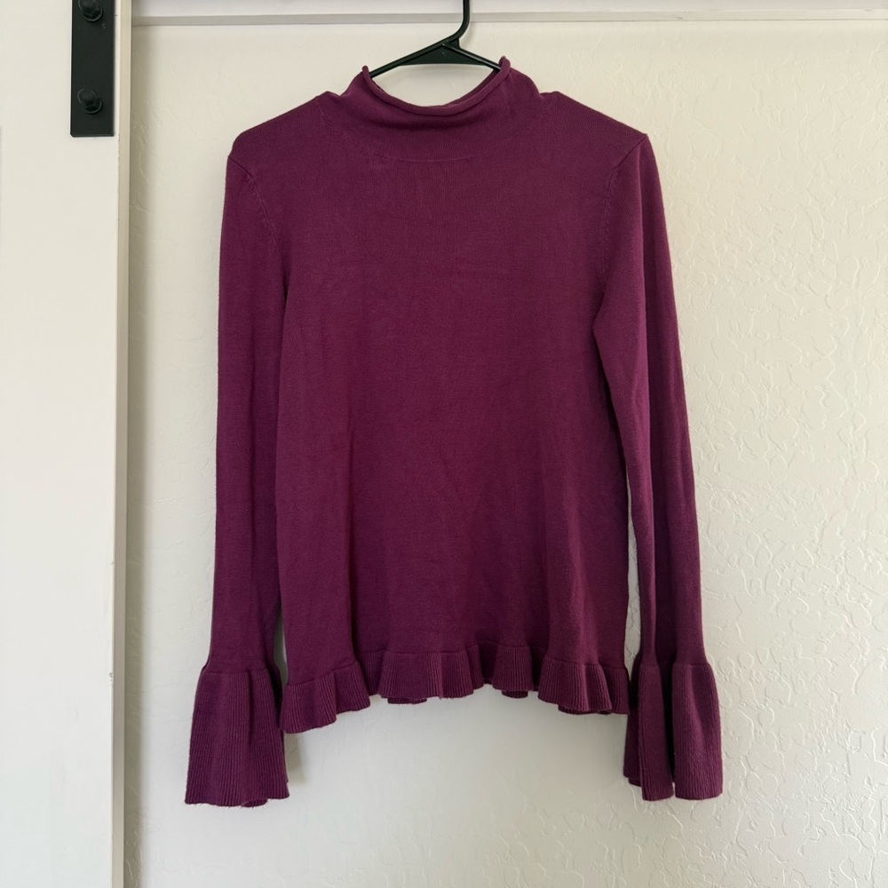 Neiman Marcus Women's Purple Mock Neck Flounce Trim Sweater Bell Sleeve Ruffle